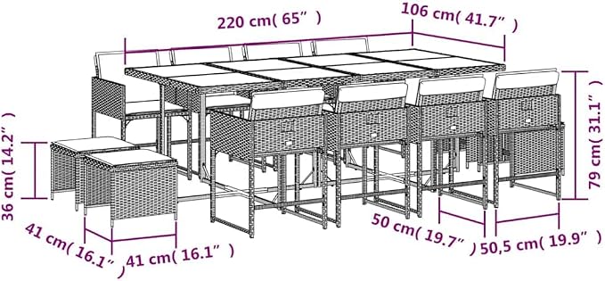 13 Piece Garden Dining Set Black PE Rattan Large Foldable Outdoor Patio Furniture with Rectangular Table 8 Chairs 4 Stools Tempered Glass Top UV Resistant for Backyard Terrace 12 Seats