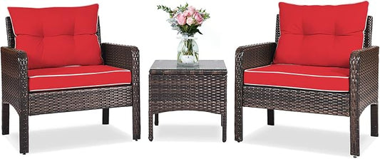 ORALNER 3-Piece Patio Conversation Set, All-Weather Wicker Sofa Chair and Coffee Table Set with Thick Cushions, Outdoor Furniture, Rattan Bistro Set for Balcony Deck Porch Poolside Garden (Red)