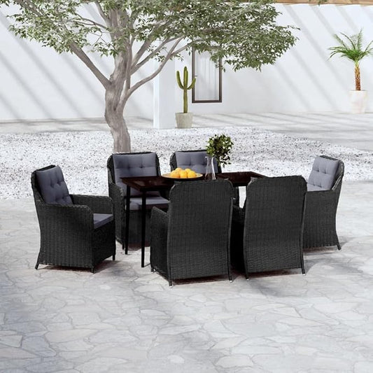 7 Piece Patio Dining Set Black Outdoor Dining Table with 6 Chairs PE Rattan Steel Frame Weatherproof Glass Top for Garden Backyard Lawn Deck Entertaining