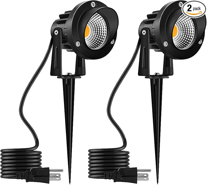 Romwish 12W LED Landscape Spotlights, 120V Plug-in Outdoor Lighting, 2 Pack | 1200LM Brightness with 3000K Warm White, IP65 Waterproof, Adjustable 270° Head & 60° Beam for Tree, Garden, Pathway and Yard