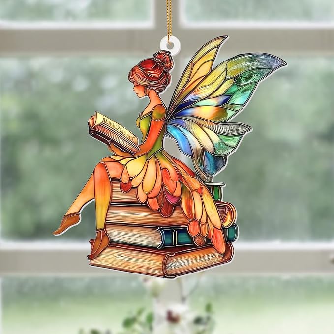 Fairy Stained Glass Style Acrylic Suncatcher, Fairy Ornament Window Hanging, Book Lover Gift for Women, Fairy Decor, Teacher & Librarian Book Club Decorations, Christmas Tree Ornament 4.5"(Sun-15)