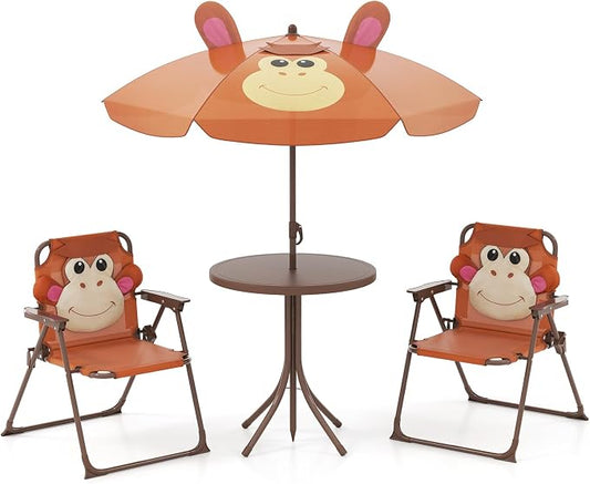 KOTEK Kids Picnic Table with Umbrella, Outdoor Table & 2 Folding Chairs, Cute Pattern Children’s Patio Furniture, Portable Kids Table and Chair Set for Backyard, Garden, Beach (Brown)