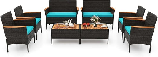 Tangkula 4 Pieces Patio Wicker Sofa Set, 2 Rattan Chairs & Loveseat w/Coffee Table, Acacia Wood Armrests & Tabletop, Outdoor Cushioned Conversation Set for Backyard, Poolside (Turquoise, 8 Pieces)