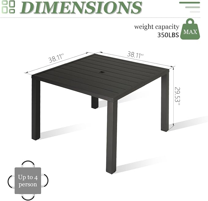 Domi Outdoor Dining Table for 4, Rectangular Metal Patio Table with Umbrella Hole for Deck Garden Lawn Backyard Use, Brown