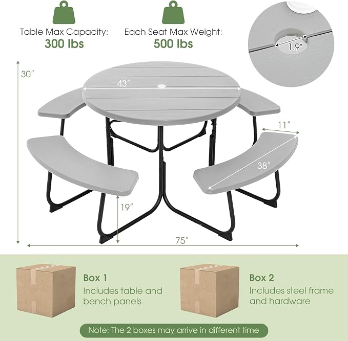Giantex Picnic Table Set for Up to 8 Persons, Round Outdoor Table and Bench Set with Umbrella Hole, HDPE Top & Metal Frame, 2000LBS Capacity, Patio Table Bench for Deck Backyard Garden (Gray)