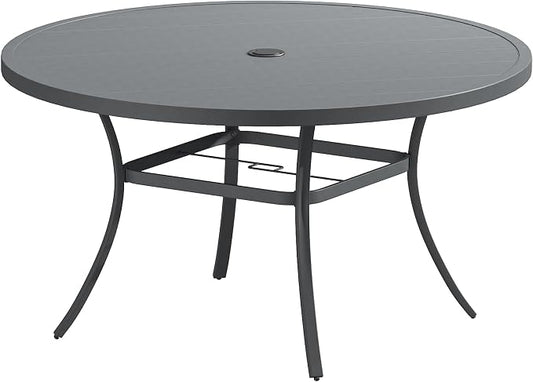 Patio Dining Table for 6-8, Round Metal Outdoor Table with 1.57" Umbrella Hole, 53" Outdoor Slat Tabletop Dining Table for Backyard, Porch, Lawn, Dark Grey