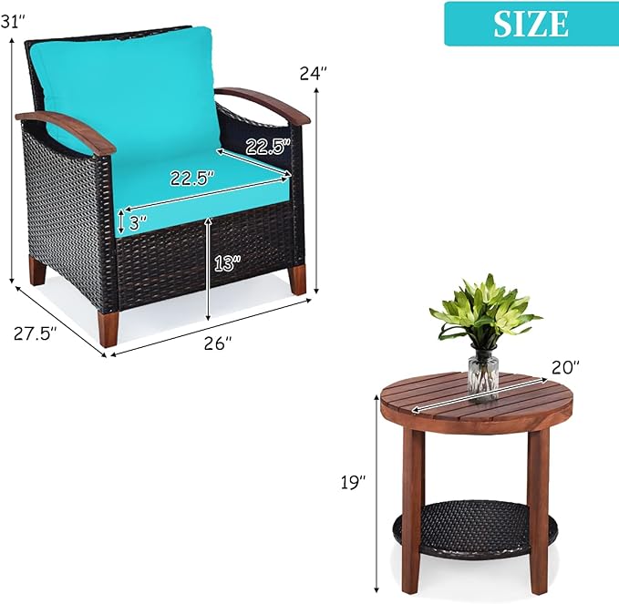 COSTWAY 3PCS Patio Rattan Furniture Set, Outdoor Solid Wood Frame Cushion Sofa with Round Table for Garden Porch Backyard Poolside (Turquoise)