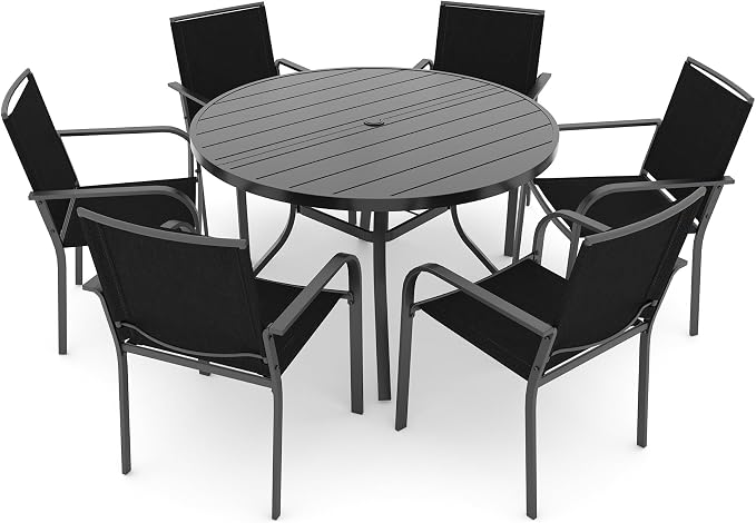 Anmutig 7 Piece Patio Dining Set 48 Inch Round Table Stackable Chairs Black | Powder-Coated Steel Frame, Quick-Dry Textilene Mesh, Dual-Size Umbrella Hole, Weather Resistant, Patio, Garden, Backyard
