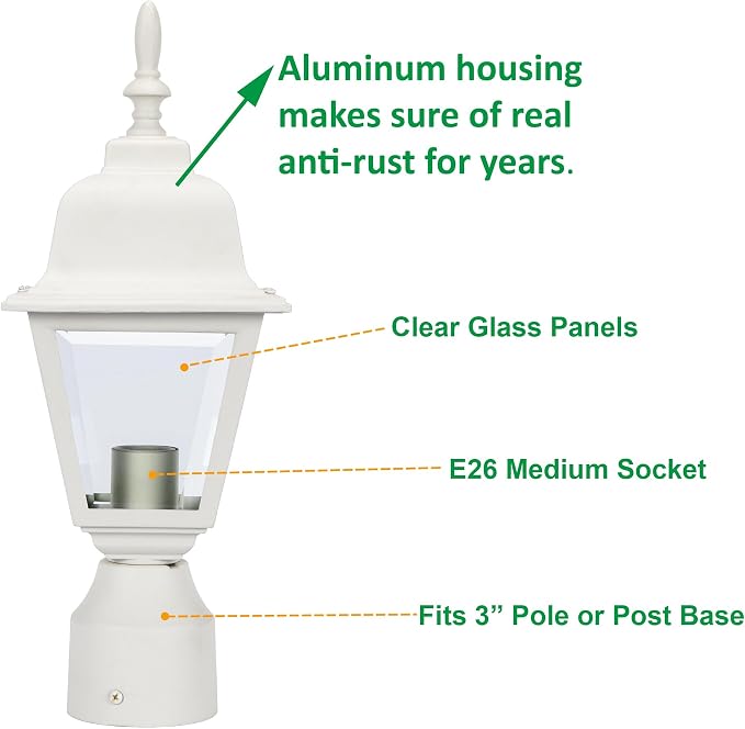 Outdoor Post Light, Rustproof Aluminum Pole Lamp, White | Exterior Lamp Post Light Fixture for Garden, Yard, Pathway, Waterproof, Glass, E26 Base, Max 60W, 2 Pack