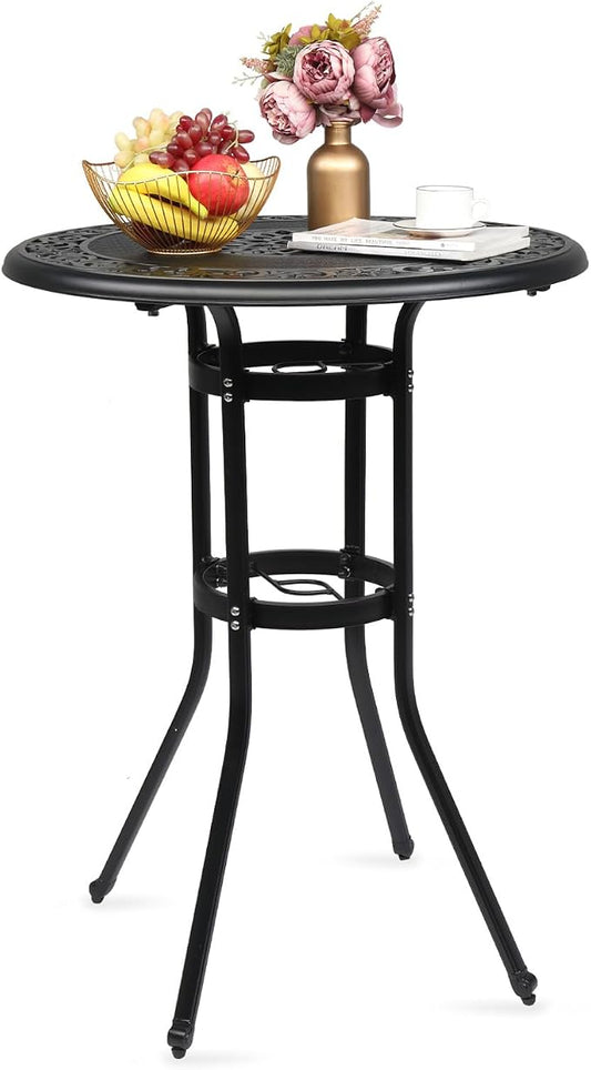 32" Cast Aluminum Outdoor Dining Side Table,Round Patio Dining Table,All-Weather Outdoor Dining Table,Patio Coffee Bistro Table,with Umbrella Hole,for Garden Pool Deck Lawn Backyard (Black)