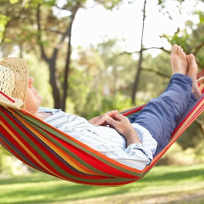Double 2 Person Cotton Fabric Canvas Travel Hammocks 450 Lbs Ultralight Camping Hammock Portable Beach Swing Bed with Hardwood Spreader Bar Tree Hanging, 280 x 100 cm, Red