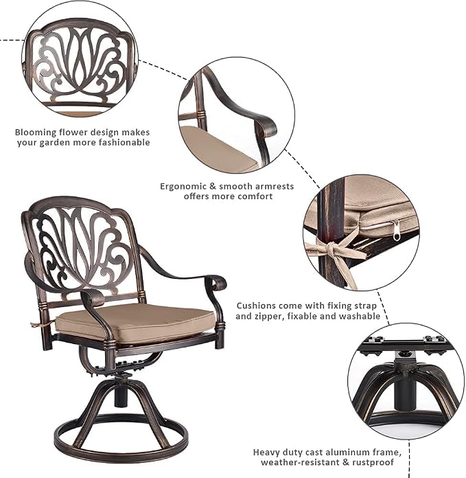 TITIMO 7-Piece Cast Aluminum Patio Dining Set, Outdoor Dining Furniture Patio Conversation Set, Rectangular Table w/Umbrella Hole for Backyard Deck (Khaki-Swivel Elizabeth Chair, 7 Pcs)