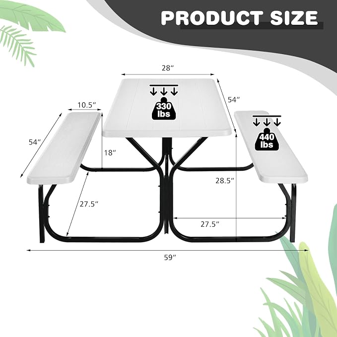 LDAILY Picnic Tables, Rectangular Picnic Table with Steel Frame, 2 Benches Set, HDPE Tabletop, Plastic Picnic Table for Outdoor, Camping, Patio, Lawn, Yard, Picnic Parties (White)