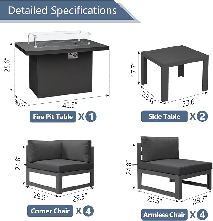 RADIATA 11 Pcs Modern Aluminum Outdoor Patio Furniture Set with Firepit Table & Side Table, Extra Large All-Weather Modular Sectional Couch, 29" Wide Deep Seated Conversation Sofa for Deck, Dark Grey