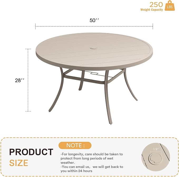 VICLLAX 50" Outdoor Round Patio Table with Umbrella Hole, All Weather Metal Round Outdoor Dining Table for Lawn Garden, 6-8 Person Table, Sandshell