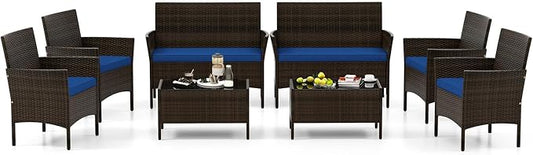 4 Piece Patio Furniture Set, Sectional Conversation Sofa Set with Glass Coffee Table, Cushions & Loveseat, Wicker Outdoor Table and Chairs for Pool, Garden, Deck, Backyard (2, Navy)