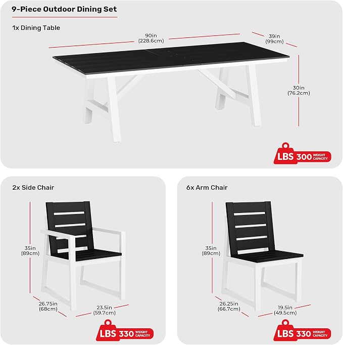Costaelm Stinson 9-Piece Outdoor HDPE Patio Dining Table Set with Umbrella Hole & Dining Chairs for 8, Black