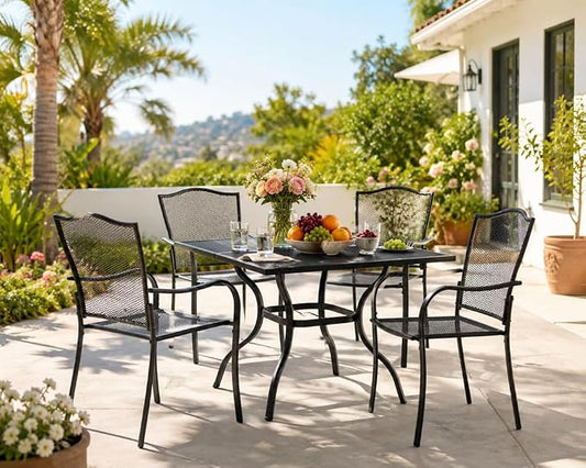 5 Piece Outdoor Dining Set, Patio Dining Table Set for 4, 37.5" Black Square Mesh Table with 4 All Weather Mesh Outdoor Dining Chairs for Lawn, Garden, Porch
