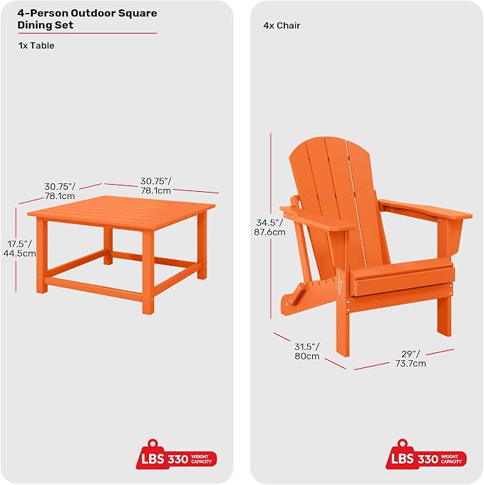 Costaelm Patio Conversation Set, 5 piece Balcony Furniture, Small Patio Firepit Furniture Outdoor Adirondack Square Coffee Table and Chair for Backyard Lawn Porch Pool Garden, Orange