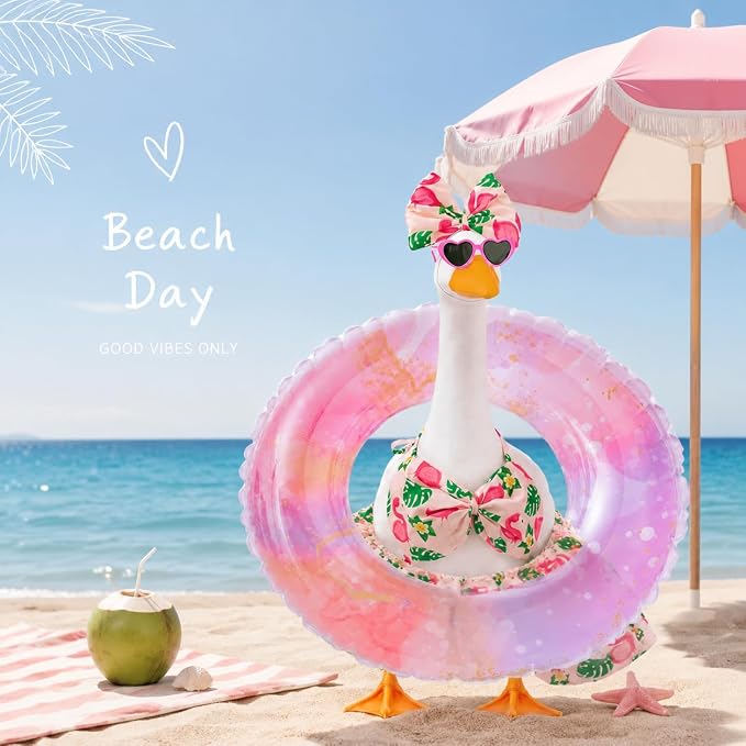 Flamingo Tropical Lawn Goose Outfit Set, Floral Bikini Costume with Gradient Glitter Swim Ring Heart Sunglasses Bow Headband, 23 Inch Porch Goose costume, Summer Outdoor Garden Yard Decor