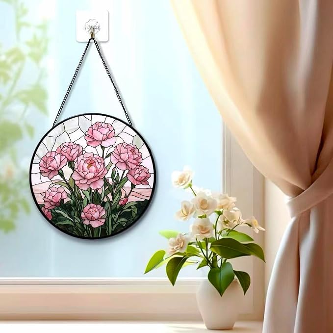 Stained Glass Window Hanging - Blooming Pink Peonies 7.8 Inches Suncatcher for Garden Home Decor for Women Mon Grandma Friends