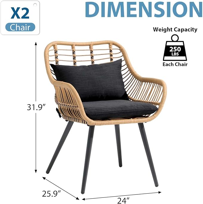 JOIVI 2 PCS Outdoor Patio Chairs, Wicker Dining Chairs with Armrest, Black | Set of 2, All-Weather Outdoor Seating with Iron Frame, w/Seat Cushions, Balcony Furniture for Apartments, Porch, Backyard