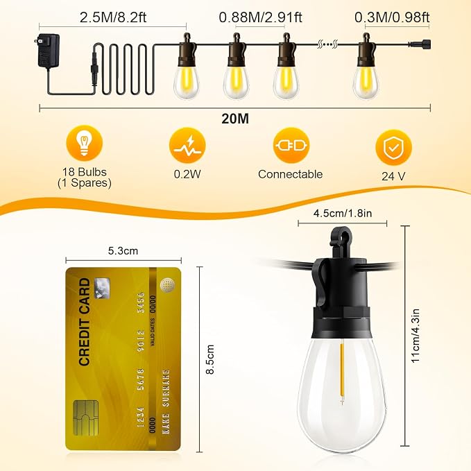 Outdoor String Lights Patio LED - Light Outside Waterproof S14 Porch Lighting Edison Plastic Bulb Pergola Hanging Balcony Connectable Backyard Yard Gazebo Party Garden Bistro 20M 65FT