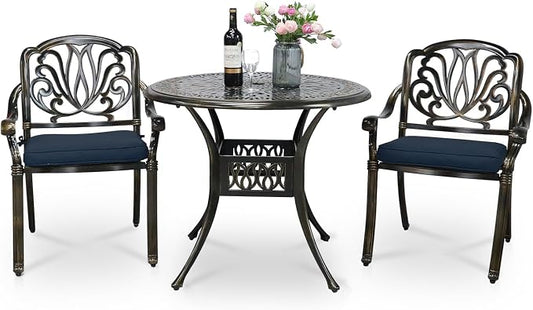 VIVIJASON 3-Piece Patio Bistro Sets, All-Weather Cast Aluminum Bistro Table Set Outdoor Patio Furniture, Include 2 Cushioned Chairs and 35.4" Round Table, 2" Umbrella Hole, Navy Blue Cushion