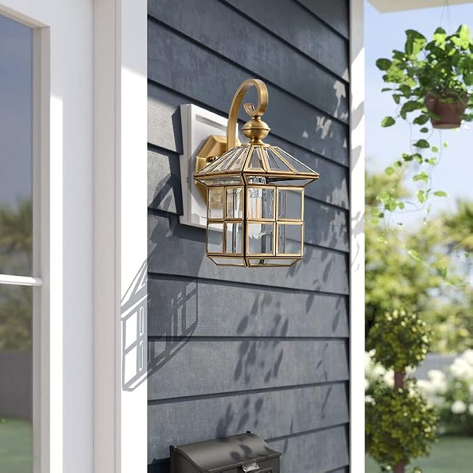 Milaii Copper Brass Outdoor Wall Lights,13.4" Exterior Lantern Light Fixture Waterproof Anti-Rust Wall Mount Lamp with Clear Glass E26 Socket Porch Light for Garage Entryway Patio Balcony