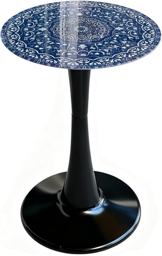 Gesodant 13.4" Outdoor Side Table, Round Patio Bistro Table with Boho Tempered Glass Top, Waterproof Rust-Proof Base, Small Plant Stand for Balcony, Garden, Deck, 21.6" H (Blue Maze)