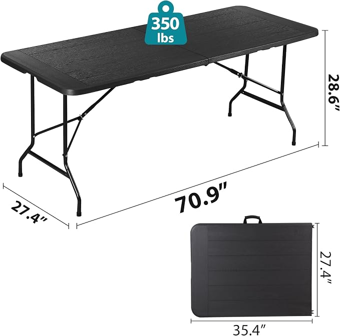 Folding Event Table, Heavy Duty Picnic Table Indoor Outdoor Camping, 6FT Portable w Handle Lock for Banquet, Black