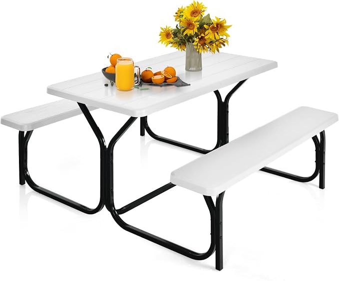 MEDIMALL Picnic Table, Portable Picnic Tables with Benches, Plastics Picnic Table Bench Set with Metal Frame & All Weather Tabletop, Large Camping Picnic Table for Outdoors, Backyard, Garden (White)