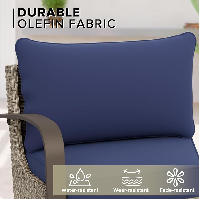 COOS BAY Aurora Terrace 4 Piece Outdoor Sectional Furniture Set, Half Moon Rattan Wicker Conversation Set with 5 Seat Sofa & Coffee Table for Patio Garden Yard, Beige/Blue