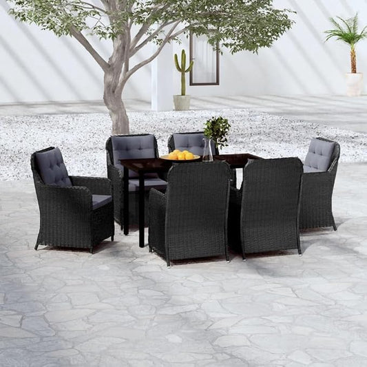 7 Piece Patio Dining Set Black Outdoor Rattan Furniture with Cushions and Glass Tabletop for Garden Backyard Entertaining Weather Resistant