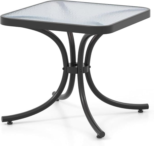 HAPPYGRILL Outdoor Side Table Square Patio End Table with Tempered Glass Top, 20" Bistro Table with Heavy-Duty Metal Frame, Indoor Small Compact Coffee Table for Garden Backyard Poolside