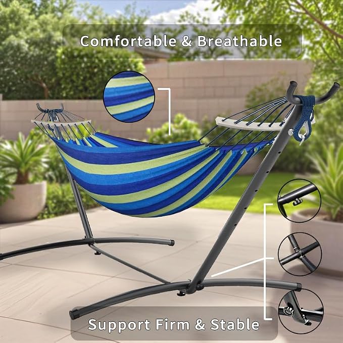 ANAGOO Double Hammock with Stand, 2 Person Hammock with Carrying Bag,Heavy Duty Portable,500 lb Capacity, Perfect for Both Indoors and Outdoors，Ocean Breeze