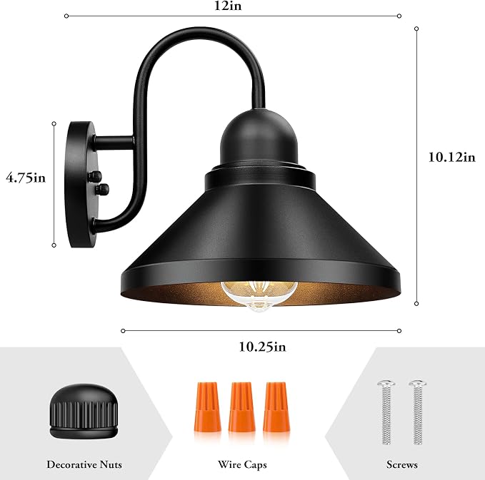 Gooseneck Outdoor Wall Sconces, 2-Pack Large 10.23IN Farmhouse Barn Lights for Porch, Industrial Black Exterior Wall Lights for Garage, Patio, E26 Base Anti-Rust, Bulb not Included