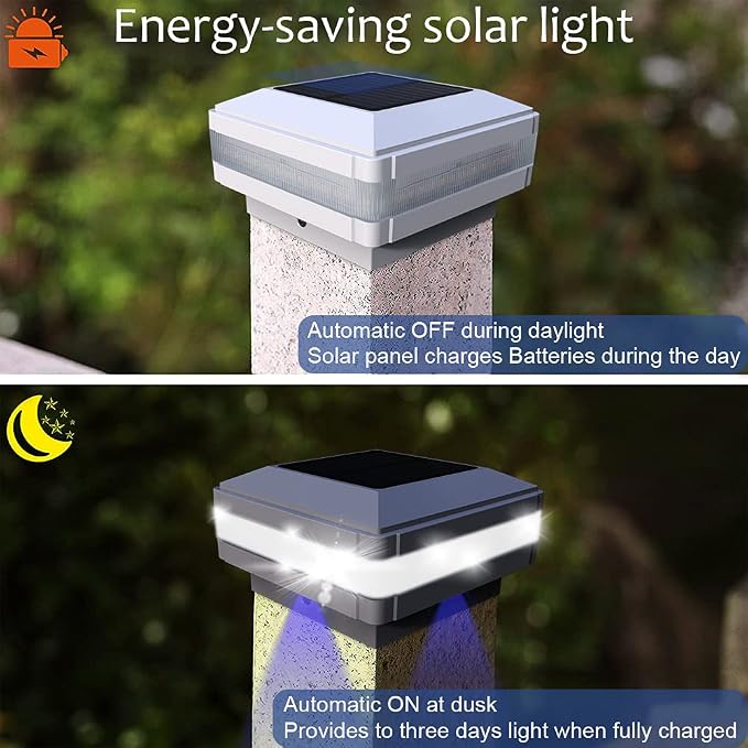 Solar Outdoor Post Cap Lights, 160LM 6000K Cool White, IP65, 4 Pack White | 52 LEDs High Brightness, Waterproof Fence Post Lights Compatible with 4x4 5x5 Wooden Posts, for Fence Deck Patio Garden Yard