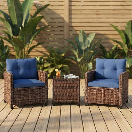 GarveeLife 3 Pieces Patio Furniture Set, PE Rattan Patio Conversation Set with Tempered Glass Tabletop, Outdoor Wicker Chairs and Table Set for Patio Balcony Garden, Brown & Blue