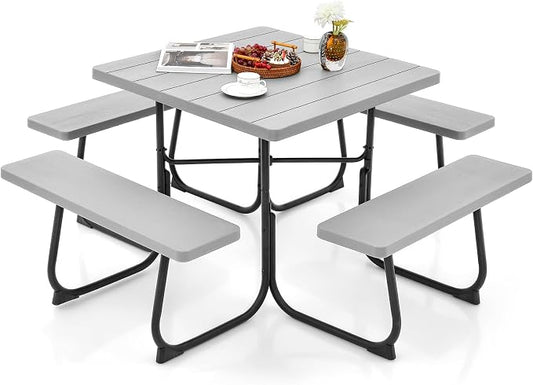 Giantex Picnic Table Bench Set for 8 Persons, Square Outdoor Table with Umbrella Hole, HDPE Top & Metal Frame, 2000LBS Capacity, Patio Table Bench Set for Deck Backyard Garden, Gray