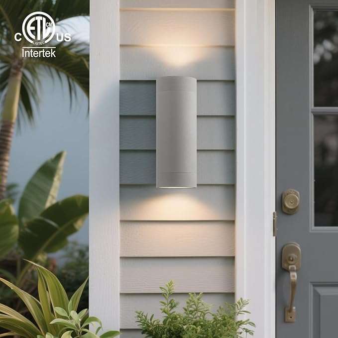 mirrea 14" Modern Outdoor Porch Light in 2 Lights, Matte Gray, 2 Pack | Aluminum cylinder exterior fixtures, tempered glass cover, waterproof wall sconce & patio light for outdoor use.