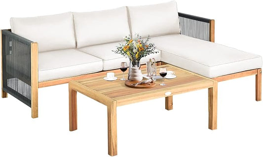Tangkula L Shape Outdoor Furniture Set, 3 Piece Acacia Wood Patio Conversation Set, with 2 loveseats and Coffee Table, Garden Backyard Poolside Patio Seating Set (White)