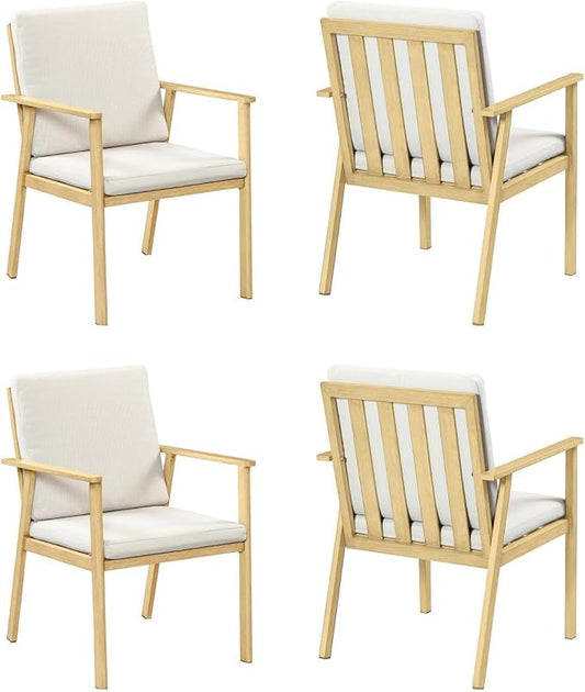 Never-Rust Outdoor Patio Dining Chairs, 4 Pieces Outdoor Aluminum Dining Chairs with Thickened Cushions, Patio Dining Furniture Chairs Set for Garden, Decks, Porch, Pool, Maple Wood