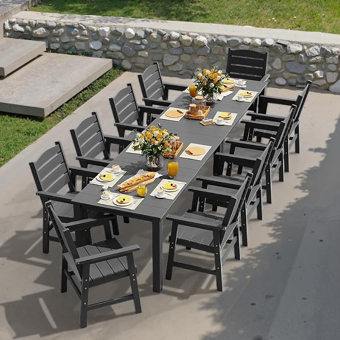 YEFU 12-Piece Patio Dining Sets: All-Weather Outdoor Table and Chairs Outside Furniture with Umbrella Hole & Aluminum Frame - HIPS Modern Patio Dining Set for 10 for Family Gathering in Deck/Pool Grey