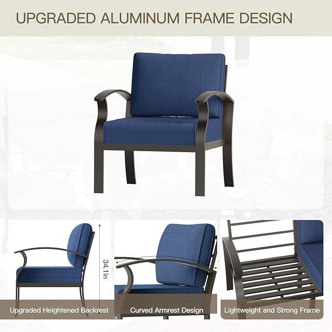 Aluminum Patio Furniture Set with 55,000 BTU Propane Fire Pit Table,5 Seats Metal Modern Outdoor Furniture w/5.1" Cushions,Patio Sectional for Backyard,Patio,Navy Blue