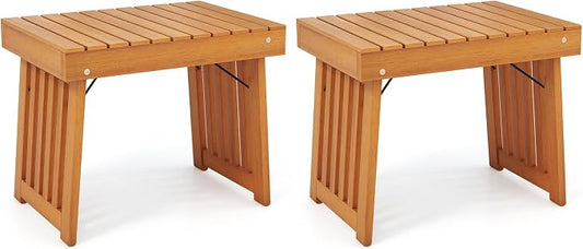 Tangkula Patio Foldable Side Table, Outdoor Folding Acacia Wood Coffee Table w/Slatted Tabletop, Portable Patio Table for Backyard, Poolside, Balcony (2)