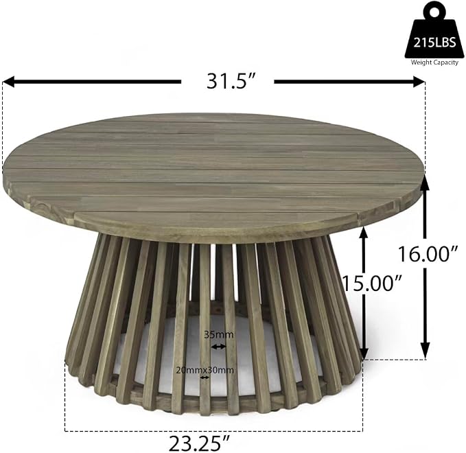 JIJIWANG 31.5" Outdoor Acacia Wood Patio Coffee Table for 2-4 Person, Round Coffee Table for Backyard, Lawn, Balcony, Grey Finis