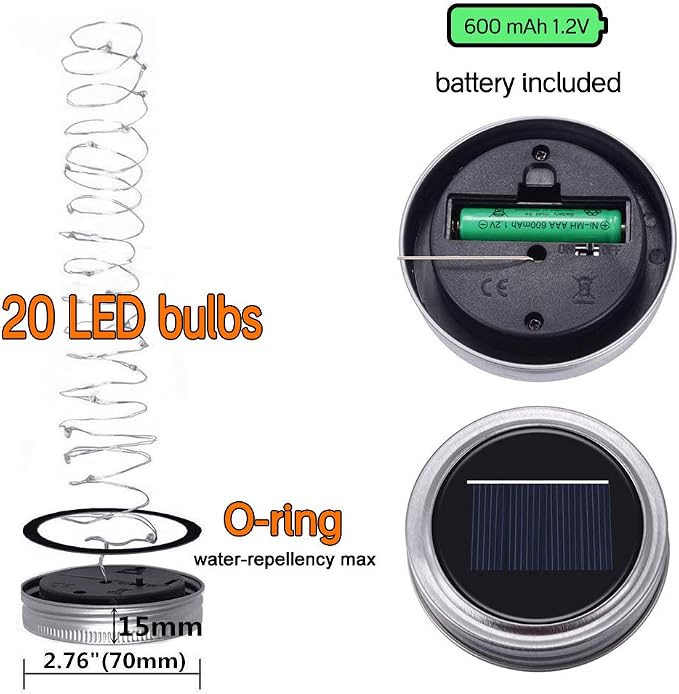 SunKite Solar Mason Jar Lights [Updated], 8 Pack 20 LED Waterproof Fairy Firefly Jar Lids String Lights with Hangers(NO Jars), Patio Yard Garden Wedding Decoration - Warm White