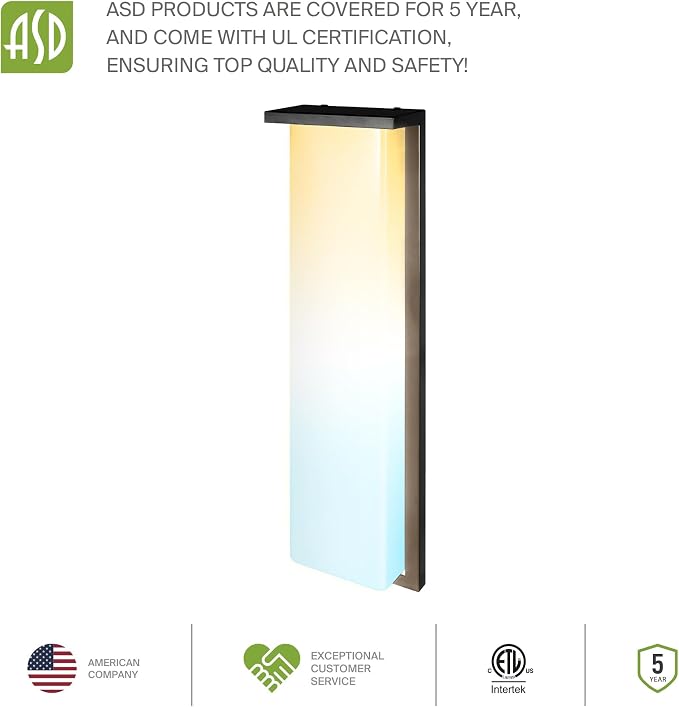 ASD LED 24" Outdoor Wall Light, Front Door House Sconce | 3CCT, Dimmable, Waterproof, ETL Listed | 30W 2600LM 3000-5000K 100-277V | Exterior Patio Lighting Fixture, Porch Lamp | Black