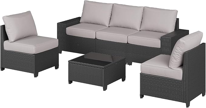 Aoxun Patio Furniture Set, 6 Pcs Outdoor Patio Furniture Sets with 4in Thicken Cushion, Widen Armrests Wicker Outdoor Sectional for Backyard, Grey
